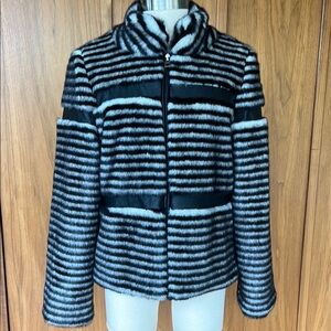 TINTA, faux Fur Striped Black & White Women's Jacket with faux leather detail.